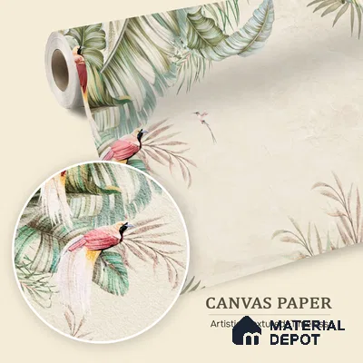 Soft Tropic Aviary Frame Tropical Mist Nature Art | WP 03961 B Canvas Texture Finish Tropical Style luxurious Customized size Wallpaper | 250 GSM WP01CNF Paper | (MOQ = 30 Sq. Ft.) | Design change not possible