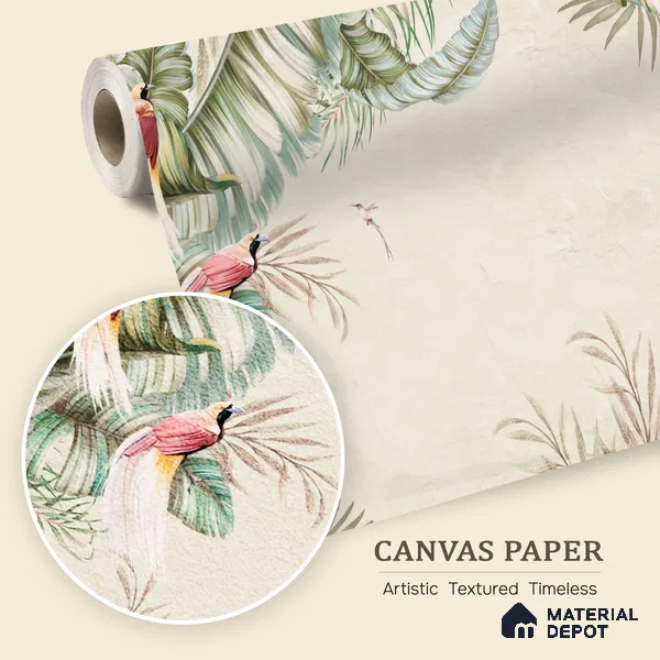 Soft Tropic Aviary Frame Tropical Mist Nature Art | WP 03961 B Canvas Texture Finish Tropical Style luxurious Customized size Wallpaper | 250 GSM WP01CNF Paper | (MOQ = 30 Sq. Ft.) | Design change not possible