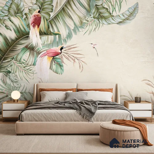 Soft Tropic Aviary Frame Tropical Mist Nature Art | WP 03961 Non Woven Matte Finish Tropical Style Premium Customized size Wallpaper | 150 GSM WP01MTF Paper | (MOQ = 30 Sq. Ft.) | Design change not possible