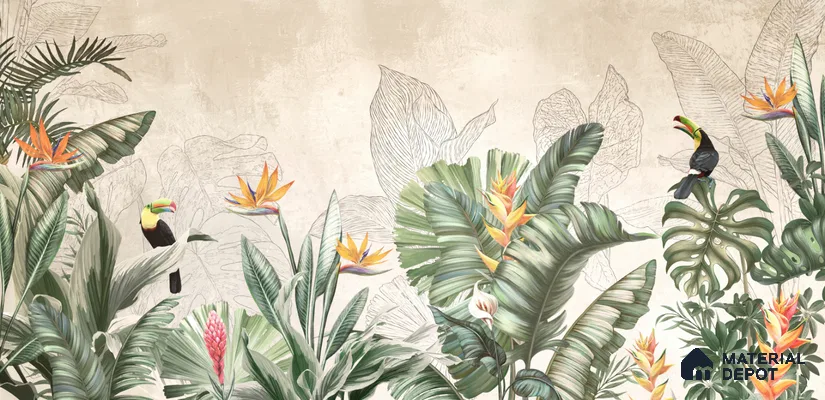 Illustrated Tropical Canopy with Birds Leafy Hues Botanical Wall Art | WP 03962 B Canvas Texture Finish Tropical Style luxurious Customized size Wallpaper | 250 GSM WP01CNF Paper | (MOQ = 30 Sq. Ft.) | Design change not possible