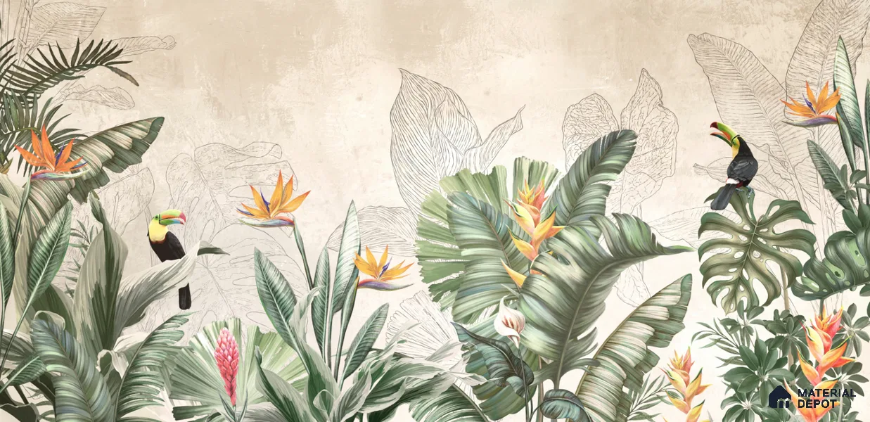 Illustrated Tropical Canopy with Birds Leafy Hues Botanical Wall Art | WP 03962 B Canvas Texture Finish Tropical Style luxurious Customized size Wallpaper | 250 GSM WP01CNF Paper | (MOQ = 30 Sq. Ft.) | Design change not possible