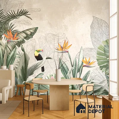 Illustrated Tropical Canopy with Birds Leafy Hues Botanical Wall Art | WP 03962 B Canvas Texture Finish Tropical Style luxurious Customized size Wallpaper | 250 GSM WP01CNF Paper | (MOQ = 30 Sq. Ft.) | Design change not possible