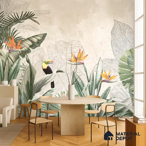 Illustrated Tropical Canopy with Birds Leafy Hues Botanical Wall Art | WP 03962 B Canvas Texture Finish Tropical Style luxurious Customized size Wallpaper | 250 GSM WP01CNF Paper | (MOQ = 30 Sq. Ft.) | Design change not possible