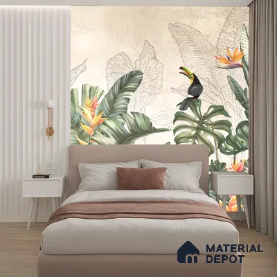 Illustrated Tropical Canopy with Birds Leafy Hues Botanical Wall Art | WP 03962 B Canvas Texture Finish Tropical Style luxurious Customized size Wallpaper | 250 GSM WP01CNF Paper | (MOQ = 30 Sq. Ft.) | Design change not possible