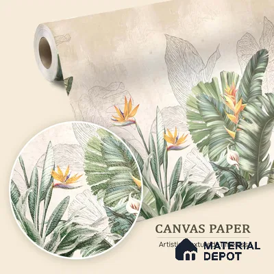 Illustrated Tropical Canopy with Birds Leafy Hues Botanical Wall Art | WP 03962 B Canvas Texture Finish Tropical Style luxurious Customized size Wallpaper | 250 GSM WP01CNF Paper | (MOQ = 30 Sq. Ft.) | Design change not possible