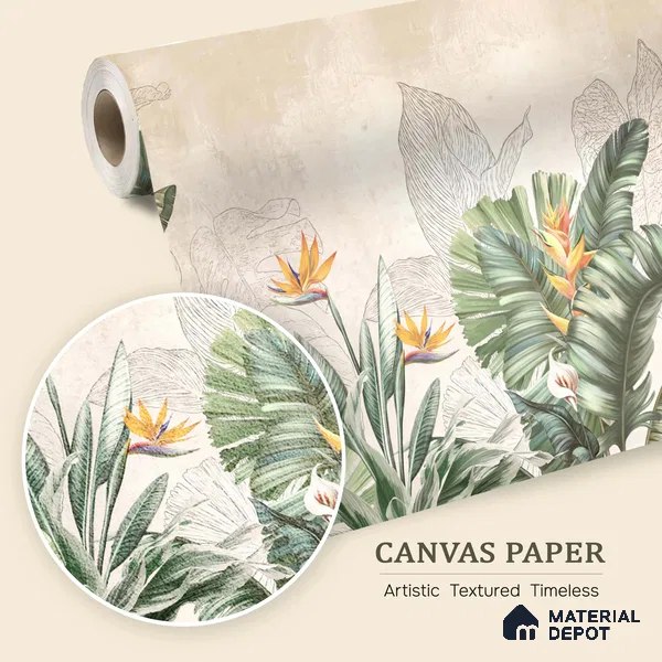 Illustrated Tropical Canopy with Birds Leafy Hues Botanical Wall Art | WP 03962 B Canvas Texture Finish Tropical Style luxurious Customized size Wallpaper | 250 GSM WP01CNF Paper | (MOQ = 30 Sq. Ft.) | Design change not possible