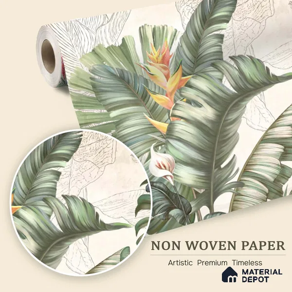 Illustrated Tropical Canopy with Birds Leafy Hues Botanical Wall Art | WP 03962 Non Woven Matte Finish Tropical Style Premium Customized size Wallpaper | 150 GSM WP01MTF Paper | (MOQ = 30 Sq. Ft.) | Design change not possible