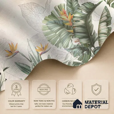 Illustrated Tropical Canopy with Birds Leafy Hues Botanical Wall Art | WP 03962 B Canvas Texture Finish Tropical Style luxurious Customized size Wallpaper | 250 GSM WP01CNF Paper | (MOQ = 30 Sq. Ft.) | Design change not possible