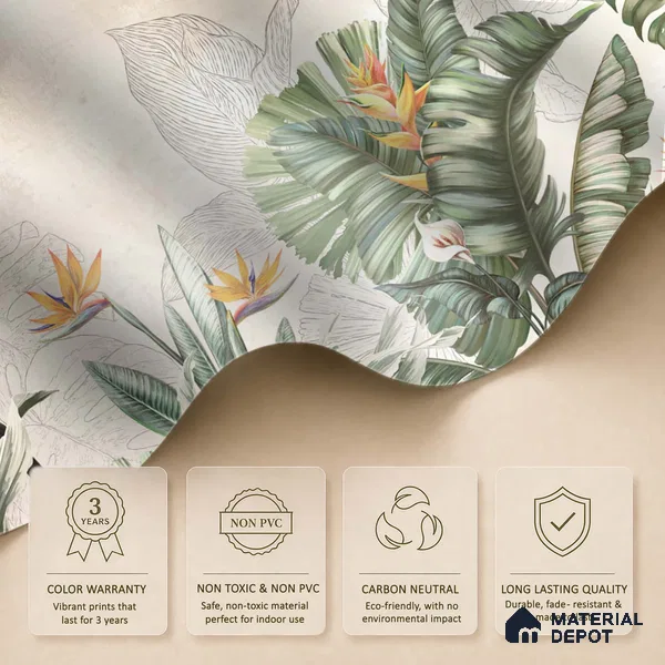 Illustrated Tropical Canopy with Birds Leafy Hues Botanical Wall Art | WP 03962 B Canvas Texture Finish Tropical Style luxurious Customized size Wallpaper | 250 GSM WP01CNF Paper | (MOQ = 30 Sq. Ft.) | Design change not possible