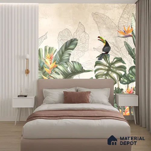 Illustrated Tropical Canopy with Birds Leafy Hues Botanical Wall Art | WP 03962 Non Woven Matte Finish Tropical Style Premium Customized size Wallpaper | 150 GSM WP01MTF Paper | (MOQ = 30 Sq. Ft.) | Design change not possible