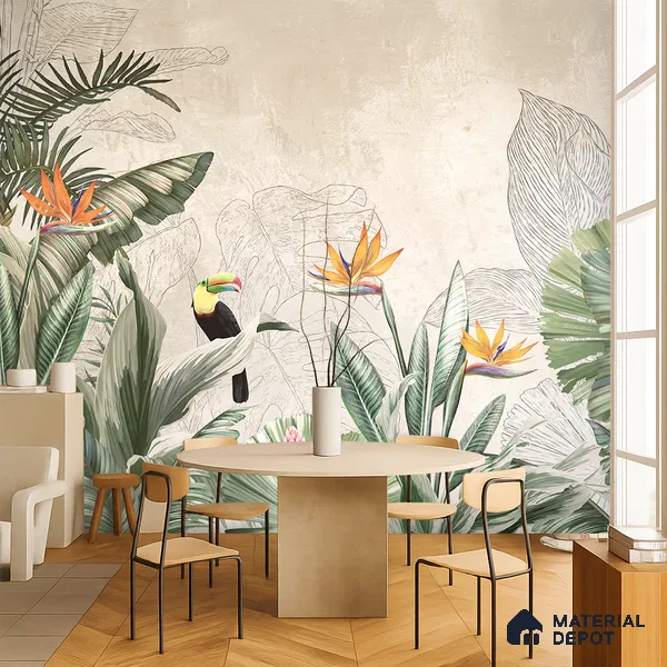 Illustrated Tropical Canopy with Birds Leafy Hues Botanical Wall Art | WP 03962 Non Woven Matte Finish Tropical Style Premium Customized size Wallpaper | 150 GSM WP01MTF Paper | (MOQ = 30 Sq. Ft.) | Design change not possible