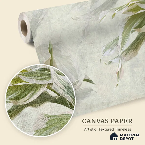 Soft Botanical Brushstroke Leaves Leafy Hues Wall Art | WP 03963 B Canvas Texture Finish Tropical Style luxurious Customized size Wallpaper | 250 GSM WP01CNF Paper | (MOQ = 30 Sq. Ft.) | Design change not possible