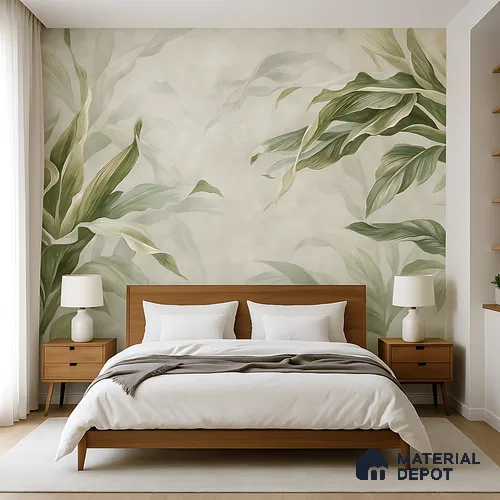 Soft Botanical Brushstroke Leaves Leafy Hues Wall Art | WP 03963 Non Woven Matte Finish Tropical Style Premium Customized size Wallpaper | 150 GSM WP01MTF Paper | (MOQ = 30 Sq. Ft.) | Design change not possible