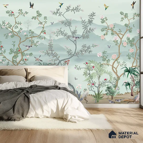 Whispering Garden Hillscape Artistic Charm Designer | WP 03964 B Canvas Texture Finish Chinoiserie Style luxurious Customized size Wallpaper | 250 GSM WP01CNF Paper | (MOQ = 30 Sq. Ft.)