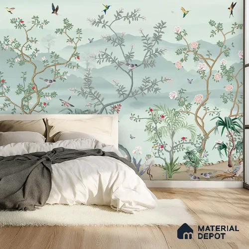 Whispering Garden Hillscape Artistic Charm Designer | WP 03964 B Canvas Texture Finish Chinoiserie Style luxurious Customized size Wallpaper | 250 GSM WP01CNF Paper | (MOQ = 30 Sq. Ft.)