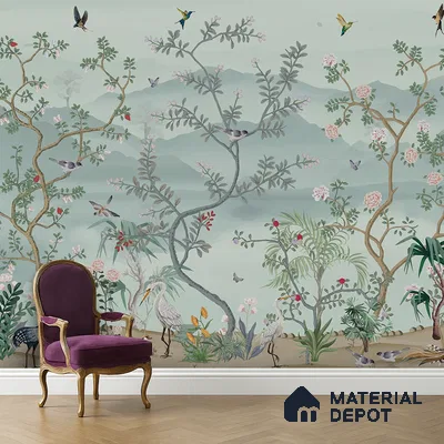 Whispering Garden Hillscape Artistic Charm Designer | WP 03964 B Canvas Texture Finish Chinoiserie Style luxurious Customized size Wallpaper | 250 GSM WP01CNF Paper | (MOQ = 30 Sq. Ft.)