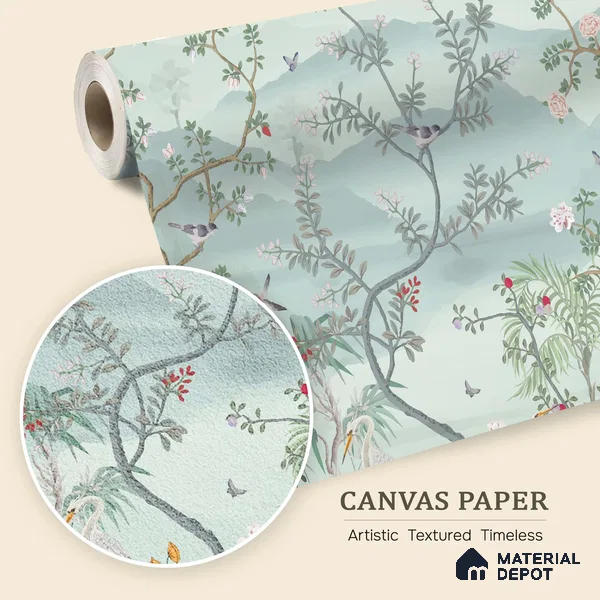 Whispering Garden Hillscape Artistic Charm Designer | WP 03964 B Canvas Texture Finish Chinoiserie Style luxurious Customized size Wallpaper | 250 GSM WP01CNF Paper | (MOQ = 30 Sq. Ft.)