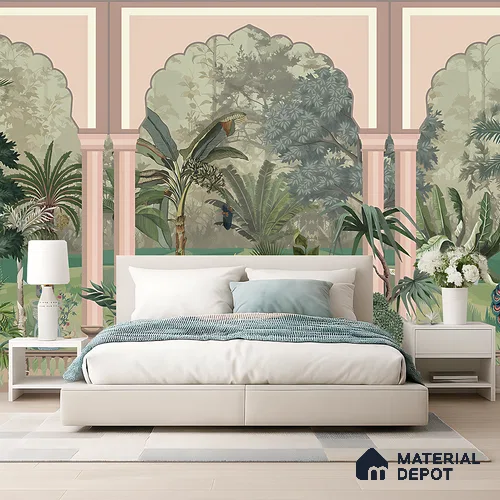 Royal Garden Arcade with Peacocks Artistic Charm Designer | WP 03966 B Canvas Texture Finish Tropical Style luxurious Customized size Wallpaper | 250 GSM WP01CNF Paper | (MOQ = 30 Sq. Ft.)
