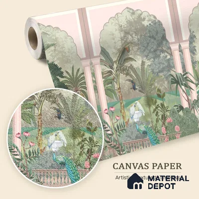 Royal Garden Arcade with Peacocks Artistic Charm Designer | WP 03966 B Canvas Texture Finish Tropical Style luxurious Customized size Wallpaper | 250 GSM WP01CNF Paper | (MOQ = 30 Sq. Ft.)