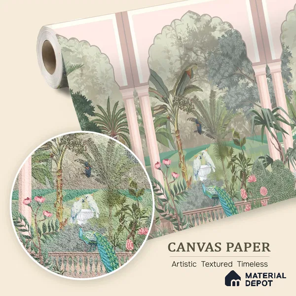 Royal Garden Arcade with Peacocks Artistic Charm Designer | WP 03966 B Canvas Texture Finish Tropical Style luxurious Customized size Wallpaper | 250 GSM WP01CNF Paper | (MOQ = 30 Sq. Ft.)