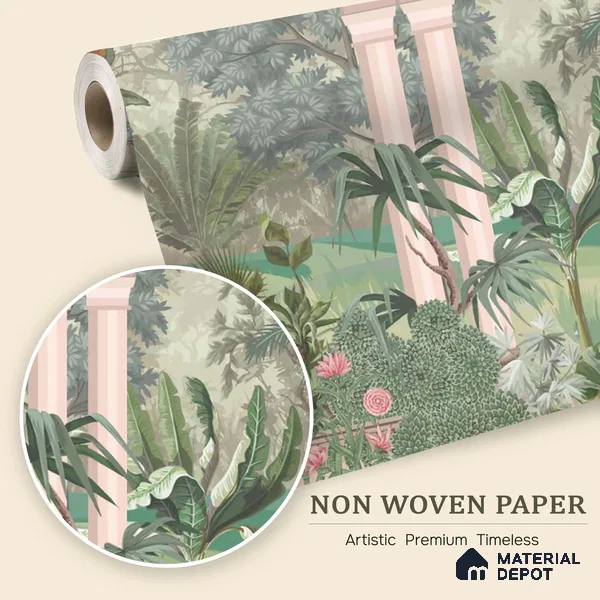 Royal Garden Arcade with Peacocks Artistic Charm Designer | WP 03966 Non Woven Matte Finish Tropical Style Premium Customized size Wallpaper | 150 GSM WP01MTF Paper | (MOQ = 30 Sq. Ft.)