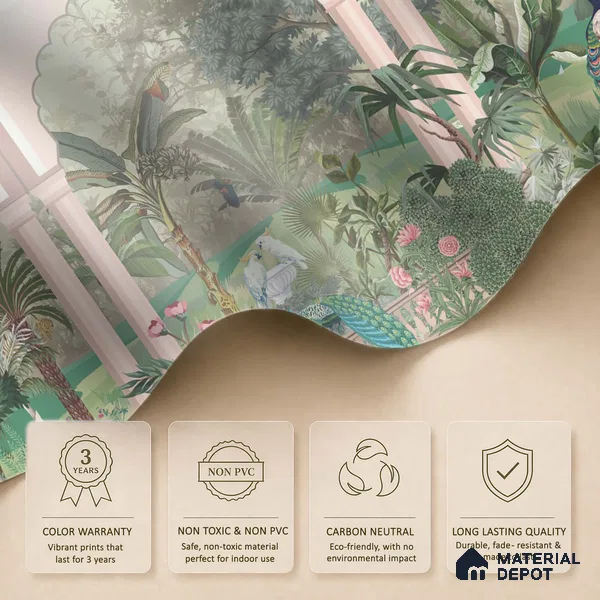 Royal Garden Arcade with Peacocks Artistic Charm Designer | WP 03966 B Canvas Texture Finish Tropical Style luxurious Customized size Wallpaper | 250 GSM WP01CNF Paper | (MOQ = 30 Sq. Ft.)