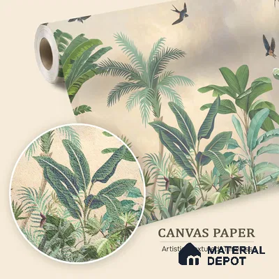 Golden Canopy Tropical Flight Artistic Charm Designer | WP 03967 B Canvas Texture Finish Tropical Style luxurious Customized size Wallpaper | 250 GSM WP01CNF Paper | (MOQ = 30 Sq. Ft.)
