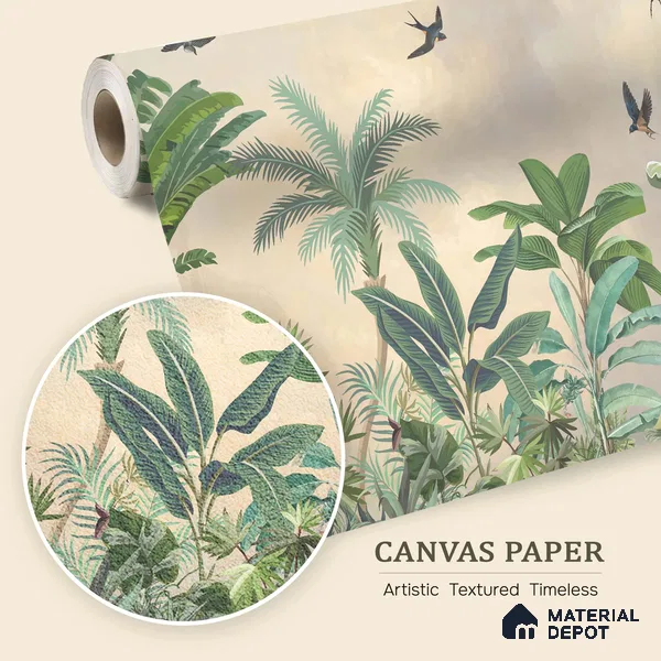 Golden Canopy Tropical Flight Artistic Charm Designer | WP 03967 B Canvas Texture Finish Tropical Style luxurious Customized size Wallpaper | 250 GSM WP01CNF Paper | (MOQ = 30 Sq. Ft.)