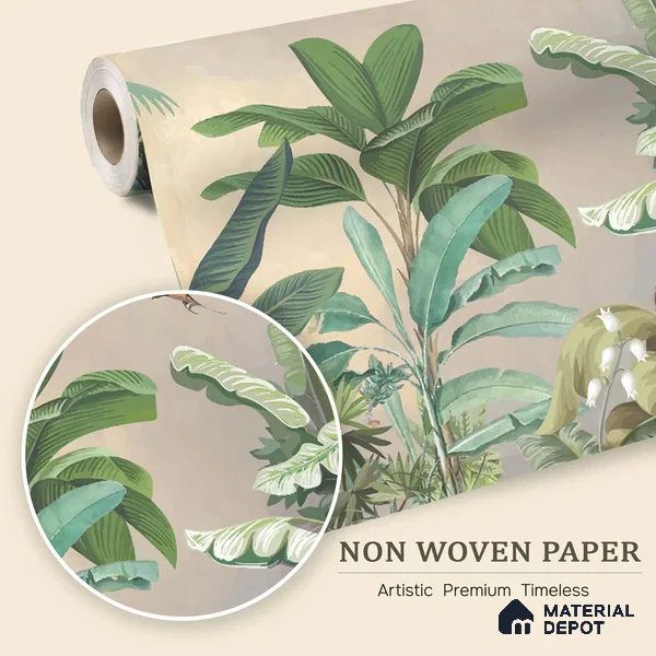 Golden Canopy Tropical Flight Artistic Charm Designer | WP 03967 Non Woven Matte Finish Tropical Style Premium Customized size Wallpaper | 150 GSM WP01MTF Paper | (MOQ = 30 Sq. Ft.)