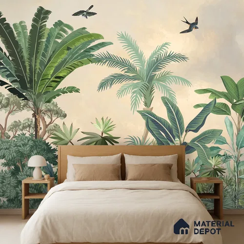 Golden Canopy Tropical Flight Artistic Charm Designer | WP 03967 Non Woven Matte Finish Tropical Style Premium Customized size Wallpaper | 150 GSM WP01MTF Paper | (MOQ = 30 Sq. Ft.)