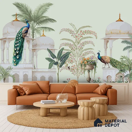 Peacock Pavilion Garden Artistic Charm Designer | WP 03968 B Canvas Texture Finish Chinoiserie Style luxurious Customized size Wallpaper | 250 GSM WP01CNF Paper | (MOQ = 30 Sq. Ft.)