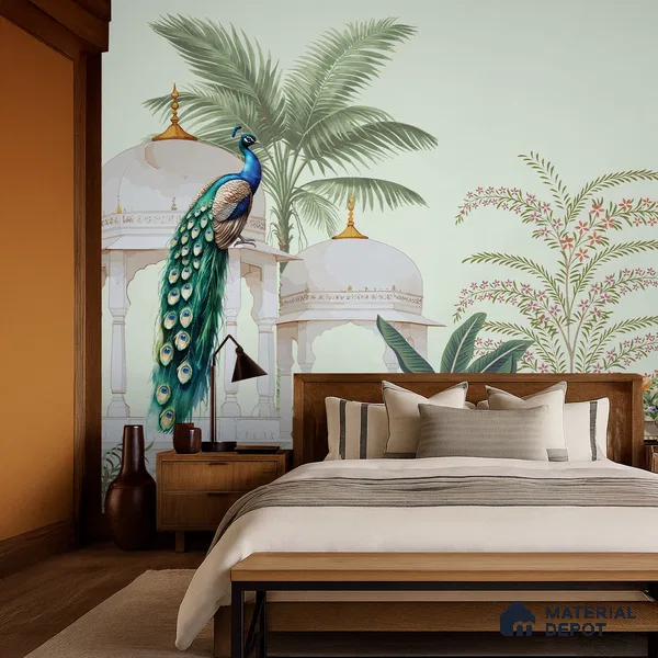 Peacock Pavilion Garden Artistic Charm Designer | WP 03968 B Canvas Texture Finish Chinoiserie Style luxurious Customized size Wallpaper | 250 GSM WP01CNF Paper | (MOQ = 30 Sq. Ft.)