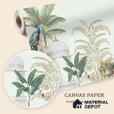 Peacock Pavilion Garden Artistic Charm Designer | WP 03968 B Canvas Texture Finish Chinoiserie Style luxurious Customized size Wallpaper | 250 GSM WP01CNF Paper | (MOQ = 30 Sq. Ft.)