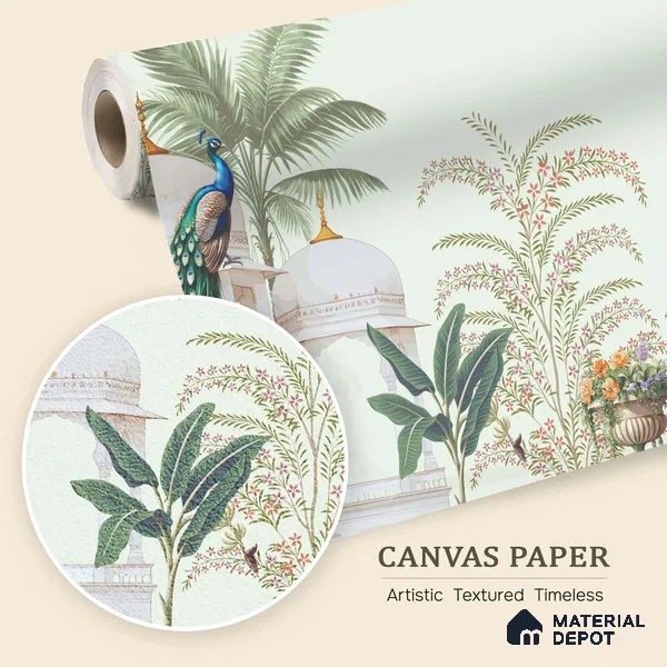 Peacock Pavilion Garden Artistic Charm Designer | WP 03968 B Canvas Texture Finish Chinoiserie Style luxurious Customized size Wallpaper | 250 GSM WP01CNF Paper | (MOQ = 30 Sq. Ft.)