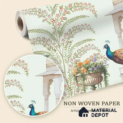 Peacock Pavilion Garden Artistic Charm Designer | WP 03968 Non Woven Matte Finish Chinoiserie Style Premium Customized size Wallpaper | 150 GSM WP01MTF Paper | (MOQ = 30 Sq. Ft.)