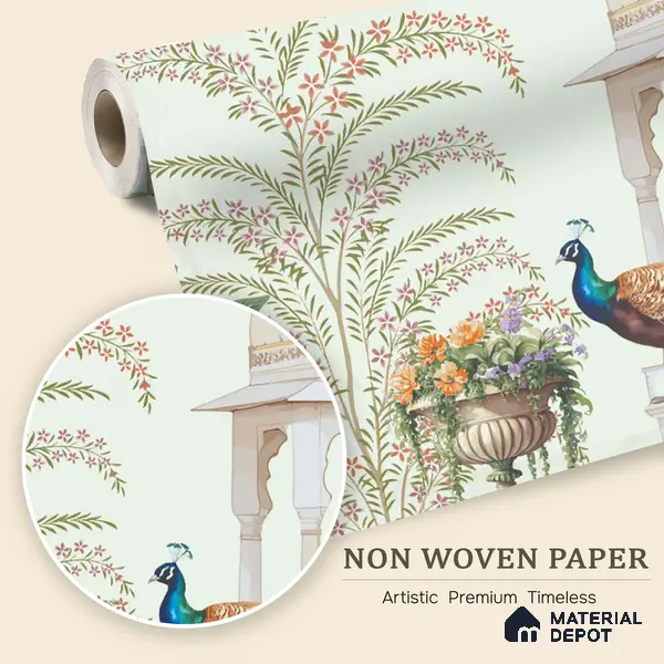 Peacock Pavilion Garden Artistic Charm Designer | WP 03968 Non Woven Matte Finish Chinoiserie Style Premium Customized size Wallpaper | 150 GSM WP01MTF Paper | (MOQ = 30 Sq. Ft.)