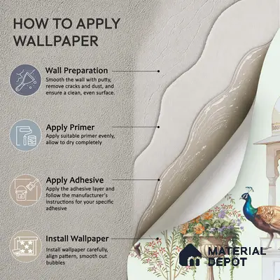Peacock Pavilion Garden Artistic Charm Designer | WP 03968 Non Woven Matte Finish Chinoiserie Style Premium Customized size Wallpaper | 150 GSM WP01MTF Paper | (MOQ = 30 Sq. Ft.)