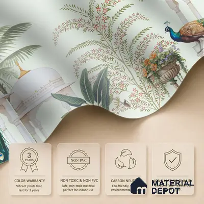 Peacock Pavilion Garden Artistic Charm Designer | WP 03968 Non Woven Matte Finish Chinoiserie Style Premium Customized size Wallpaper | 150 GSM WP01MTF Paper | (MOQ = 30 Sq. Ft.)
