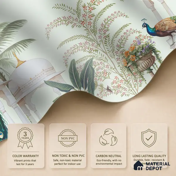 Peacock Pavilion Garden Artistic Charm Designer | WP 03968 Non Woven Matte Finish Chinoiserie Style Premium Customized size Wallpaper | 150 GSM WP01MTF Paper | (MOQ = 30 Sq. Ft.)