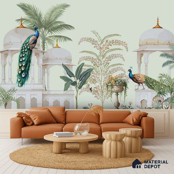 Peacock Pavilion Garden Artistic Charm Designer | WP 03968 Non Woven Matte Finish Chinoiserie Style Premium Customized size Wallpaper | 150 GSM WP01MTF Paper | (MOQ = 30 Sq. Ft.)