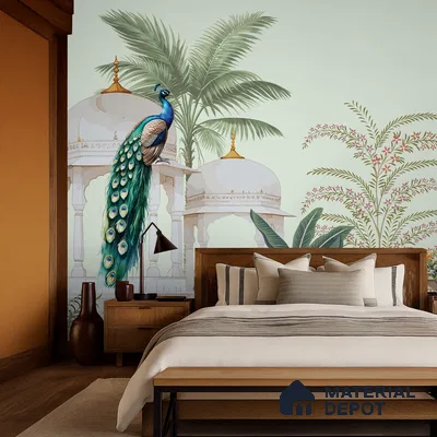Peacock Pavilion Garden Artistic Charm Designer | WP 03968 Non Woven Matte Finish Chinoiserie Style Premium Customized size Wallpaper | 150 GSM WP01MTF Paper | (MOQ = 30 Sq. Ft.)