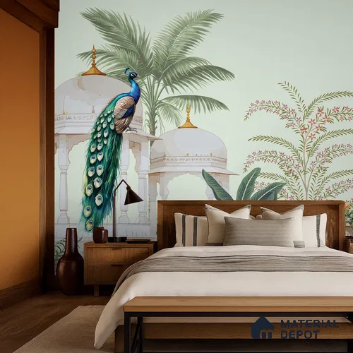 Peacock Pavilion Garden Artistic Charm Designer | WP 03968 Non Woven Matte Finish Chinoiserie Style Premium Customized size Wallpaper | 150 GSM WP01MTF Paper | (MOQ = 30 Sq. Ft.)