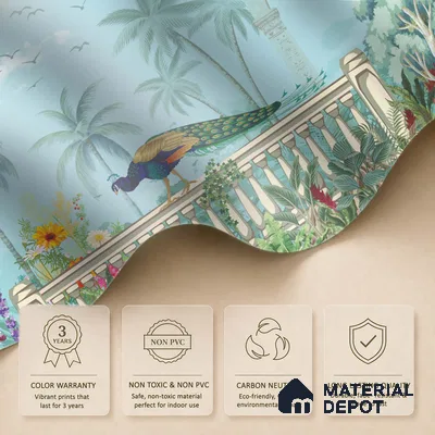 Azure Peacock Terrace Dreamy Artistic | WP 03969 B Canvas Texture Finish Tropical Style luxurious Customized size Wallpaper | 250 GSM WP01CNF Paper | (MOQ = 30 Sq. Ft.)
