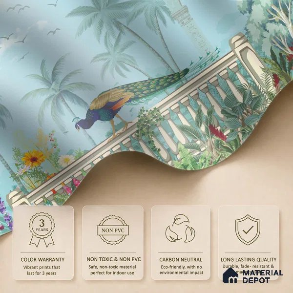 Azure Peacock Terrace Dreamy Artistic | WP 03969 B Canvas Texture Finish Tropical Style luxurious Customized size Wallpaper | 250 GSM WP01CNF Paper | (MOQ = 30 Sq. Ft.)