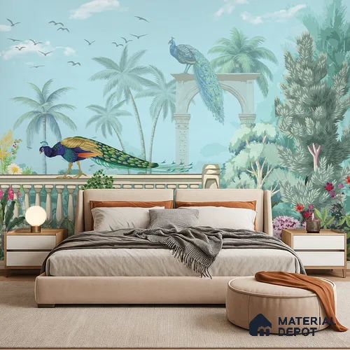 Azure Peacock Terrace Dreamy Artistic | WP 03969 Non Woven Matte Finish Tropical Style Premium Customized size Wallpaper | 150 GSM WP01MTF Paper | (MOQ = 30 Sq. Ft.)