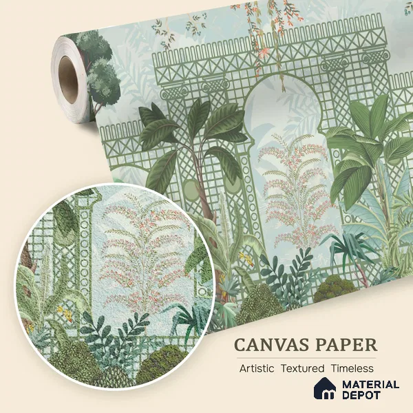Verdant Lattice Garden Dreamy Artistic | WP 03970 B Canvas Texture Finish Tropical Style luxurious Customized size Wallpaper | 250 GSM WP01CNF Paper | (MOQ = 30 Sq. Ft.)