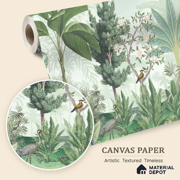 Soft Jungle Symphony Tropical Mist Nature Art | WP 03971 B Canvas Texture Finish Tropical Style luxurious Customized size Wallpaper | 250 GSM WP01CNF Paper | (MOQ = 30 Sq. Ft.)