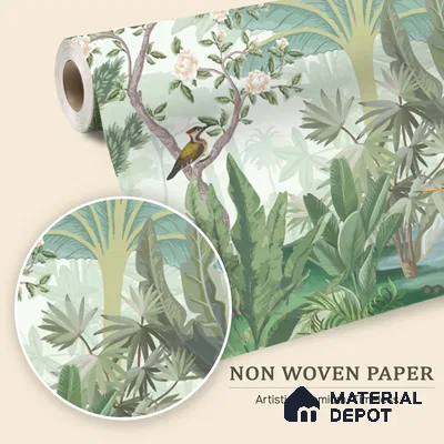 Soft Jungle Symphony Tropical Mist Nature Art | WP 03971 Non Woven Matte Finish Tropical Style Premium Customized size Wallpaper | 150 GSM WP01MTF Paper | (MOQ = 30 Sq. Ft.)