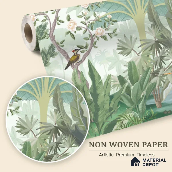 Soft Jungle Symphony Tropical Mist Nature Art | WP 03971 Non Woven Matte Finish Tropical Style Premium Customized size Wallpaper | 150 GSM WP01MTF Paper | (MOQ = 30 Sq. Ft.)
