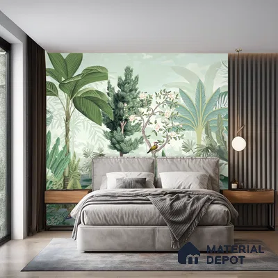 Soft Jungle Symphony Tropical Mist Nature Art | WP 03971 Non Woven Matte Finish Tropical Style Premium Customized size Wallpaper | 150 GSM WP01MTF Paper | (MOQ = 30 Sq. Ft.)